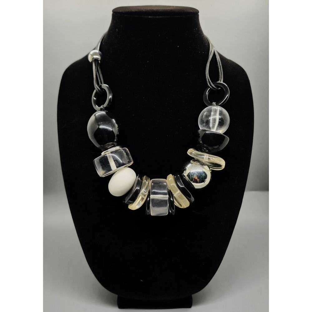 Chico's Statement Bib Necklace Adjustable Black Clear White Chunky Beads